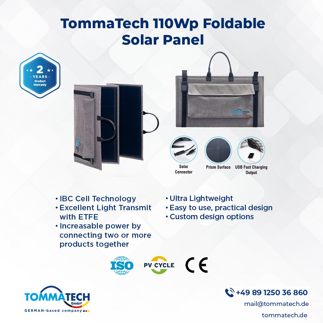 tommatech's tweet image. TommaTech 110Wp Foldable Solar Panel

☎️+49 89 1250 36 860
📨mail@tommatech.de

#TommaTech #solarenergy #foldablepanel