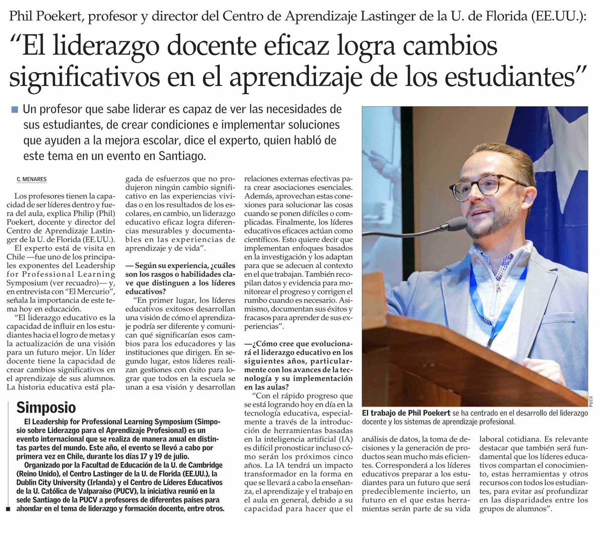 #PrensaPUCV | Entrevista al profesor Phil Poekert, experto que participó en el Simposio de Liderazgo para el Aprendizaje Profesional: Educadores y Profesionalismo en Tiempos Turbulentos, organizado por el Centro Líderes Educativos PUCV.

📲@ElMercurio_cl 
shorturl.at/mQSPN