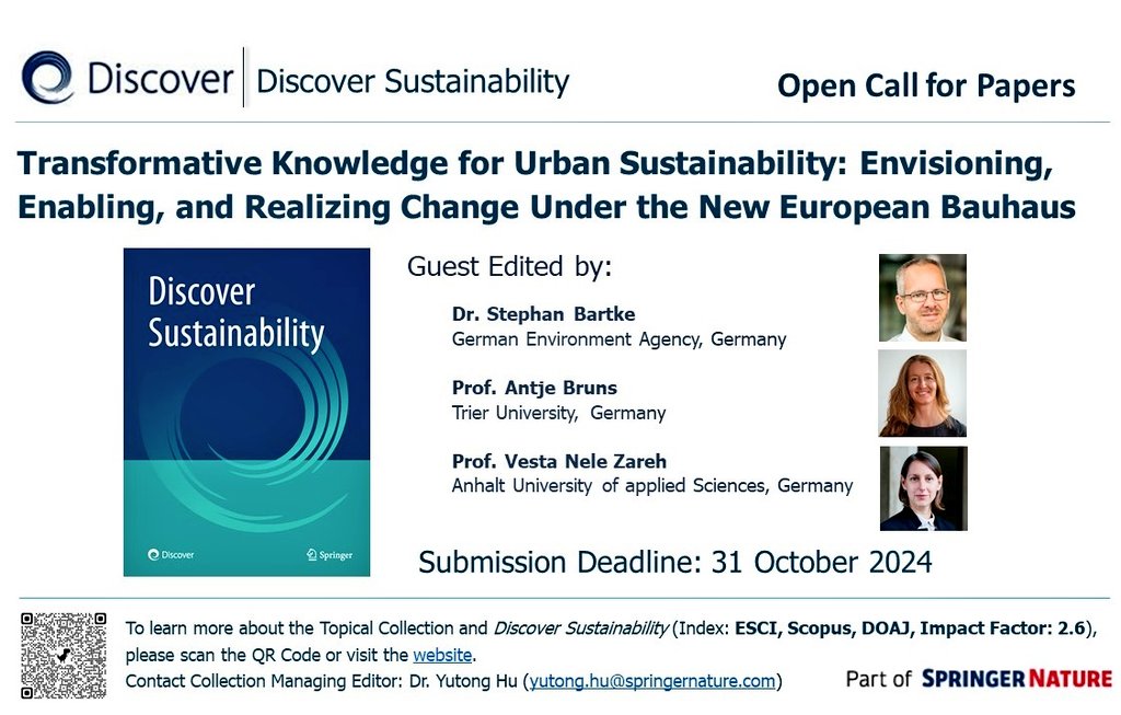 📢 Glad to invite contributions to this Special Collection in <a href="/SpringerNature/">Springer Nature</a> Discover #Sustainability 
📆 31 October 2024
🏙️🚋🚶‍♂️🏣🌲🏟️🗺️

linkedin.com/posts/new-euro…

#NEB #NewEuropeanBauhaus #AdNEB
