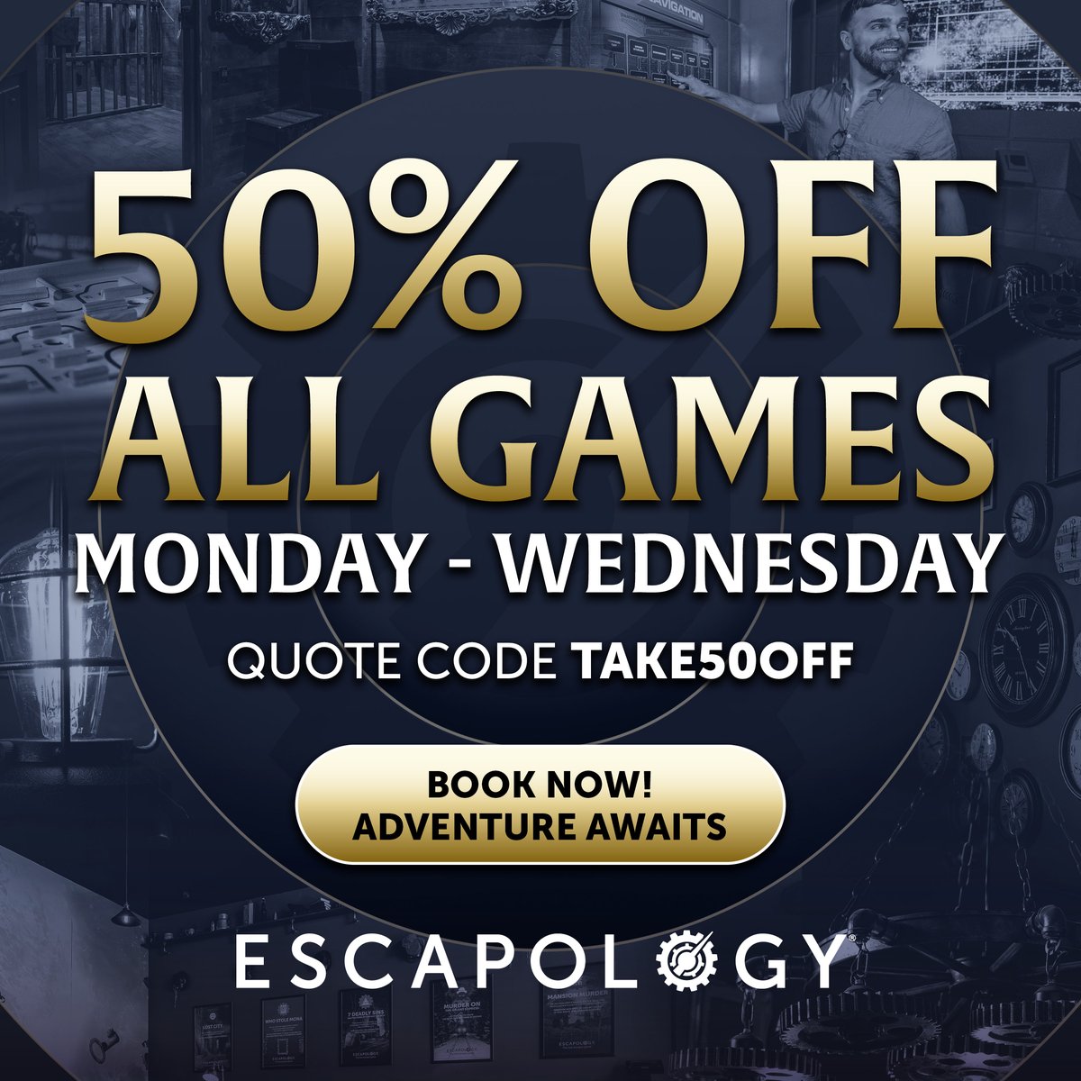 EscapologyNJ's tweet photo. Are you ready to break free from reality and dive into an exhilarating adventure?

We're offering an unbeatable 50% OFF on all escape games from Monday to Wednesday. Unlock the door to excitement with our limited-time savings.

Book now with... :https://t.co/9GIYh2W5Ks
Offer https://t.co/dwE88czo0q