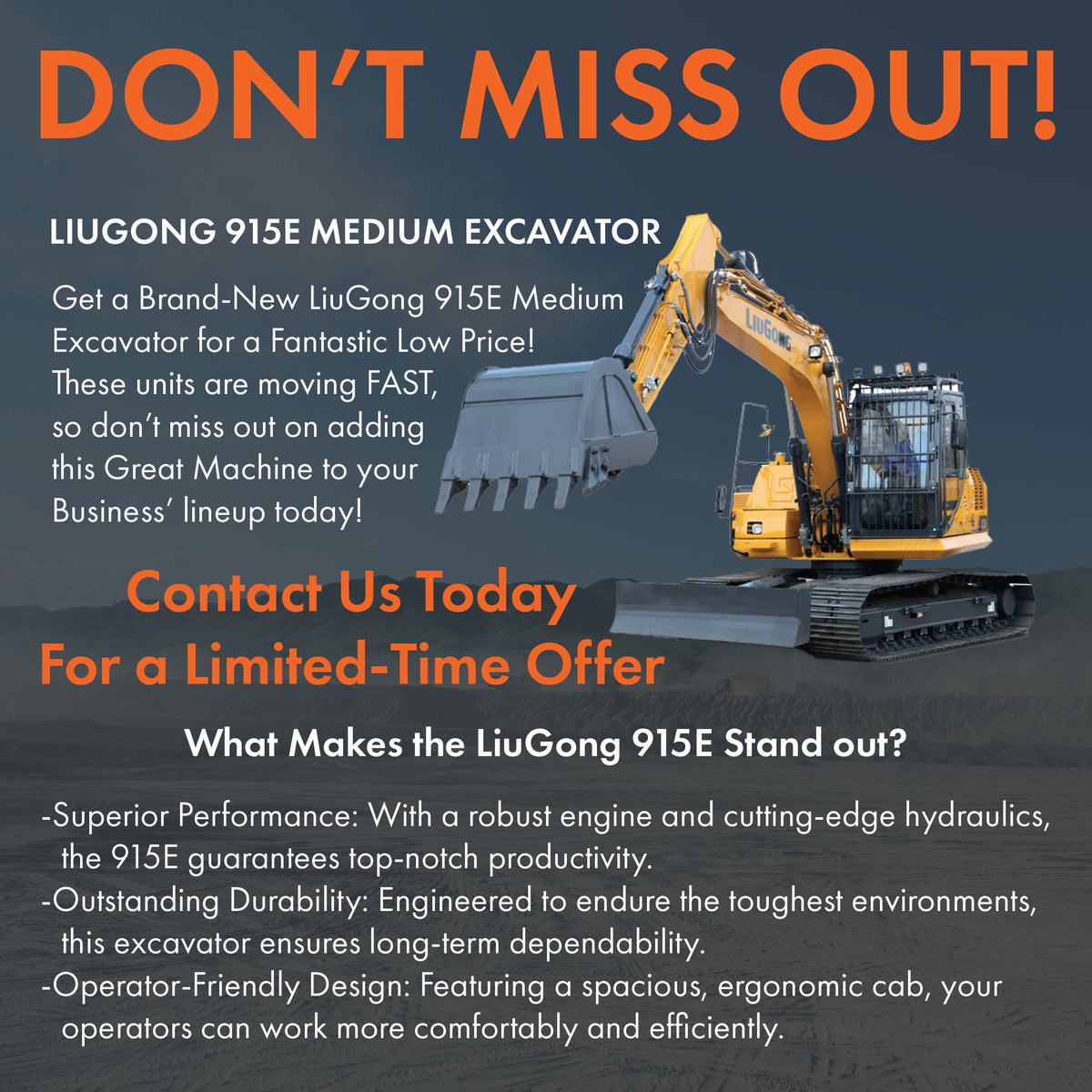 Get a Deal on a new Liugong 915E Excavator!

This fantastic machine is selling FAST, and we want to make sure everyone who wants one doesn't miss out!

Contact us today, or see the machine for yourself on our website! 

alphaomegaequipment.com/inventory/v1/C…