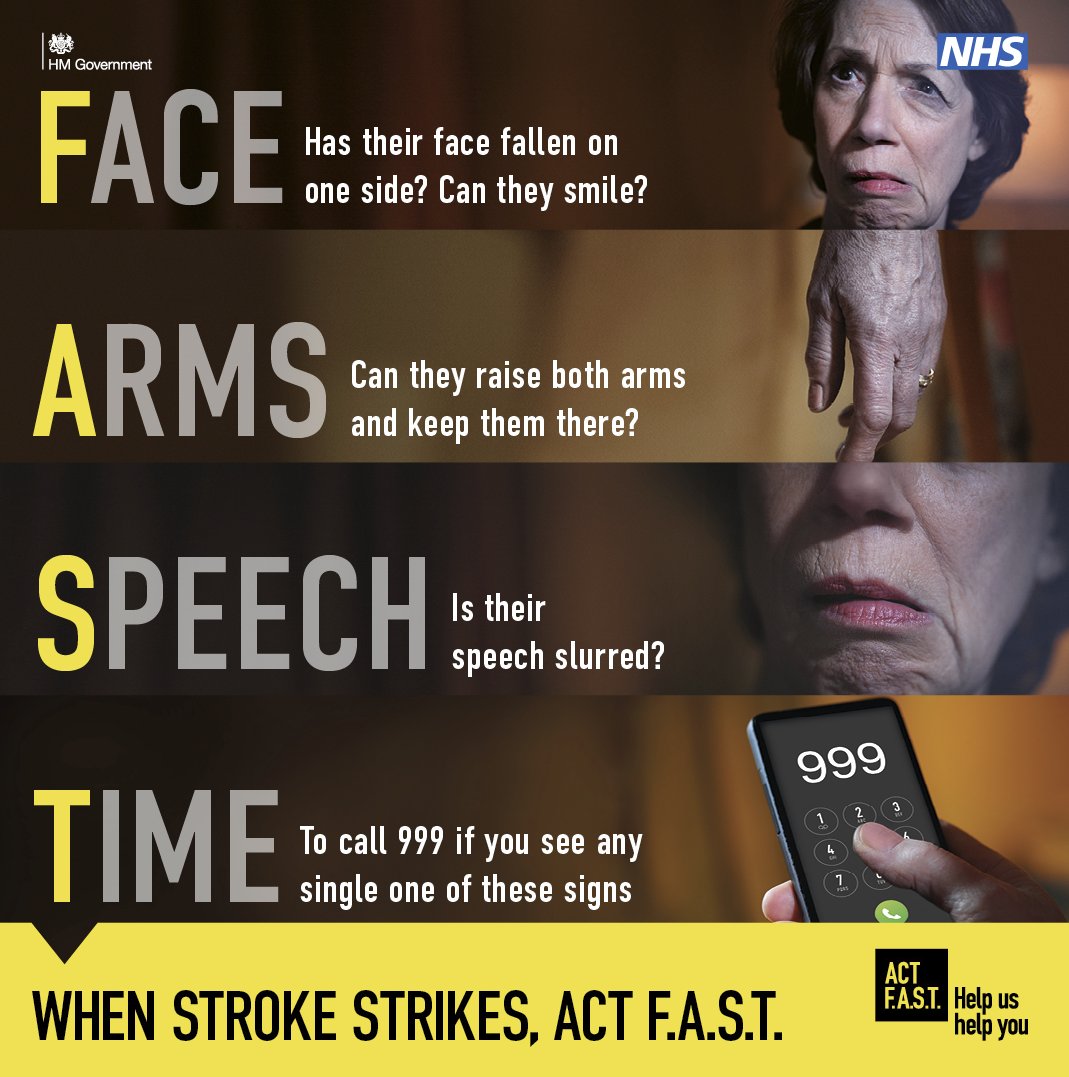 Think and Act F.A.S.T. if you see any signs of a stroke:

Face – has their face fallen on one side? Can they smile?
Arms – can they raise both arms and keep them there?
Speech – is their speech slurred? 
Time – even if you’re not sure, call 999.
