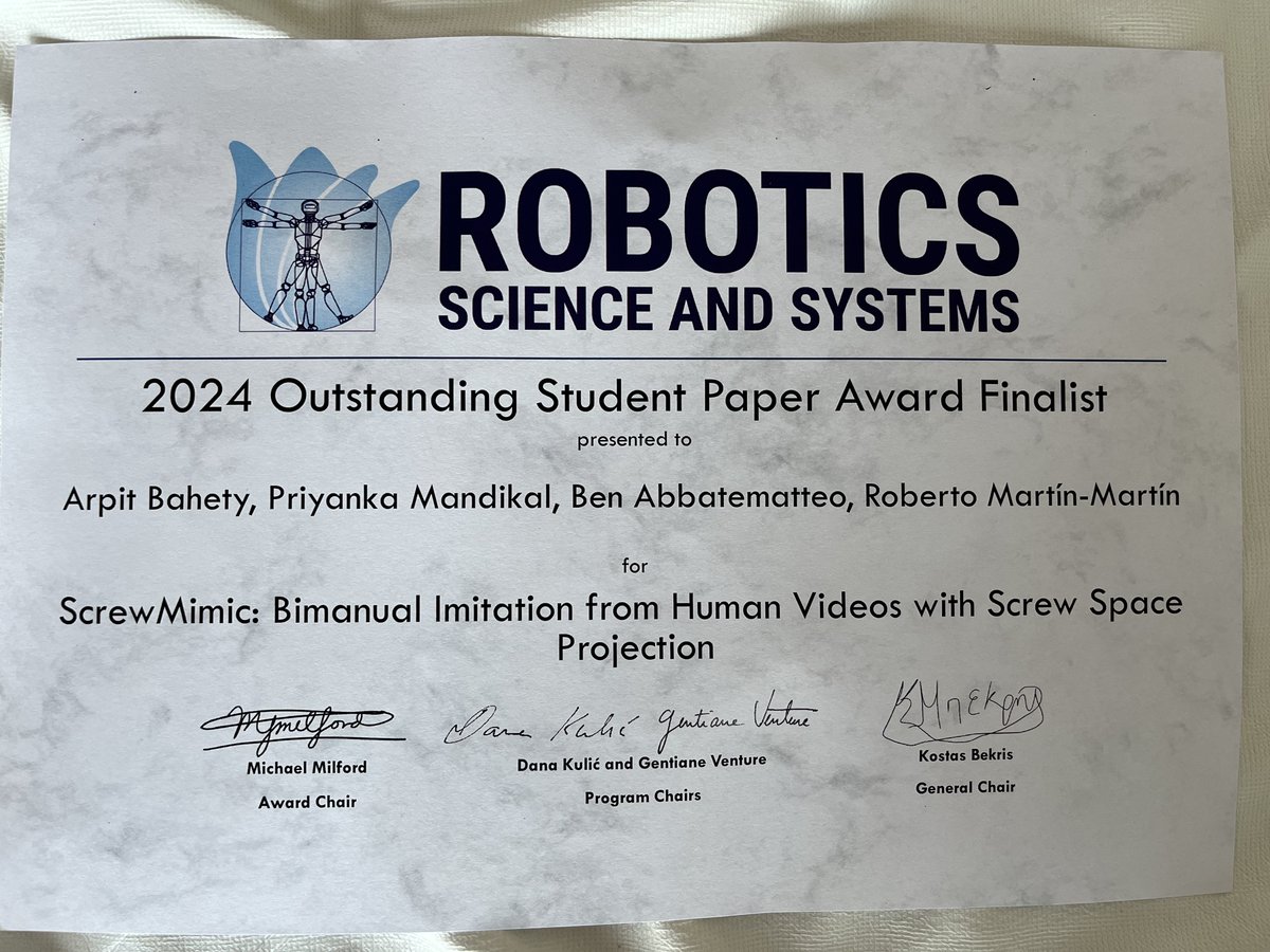 ScrewMimic received the Outstanding Student Paper Finalist award at #RSS2024. Congratulations to my co-authors <a href="/RobobertoMM/">Roberto</a> @PrnkMandikal
<a href="/babbatem/">Ben Abbatematteo</a>! 🥳