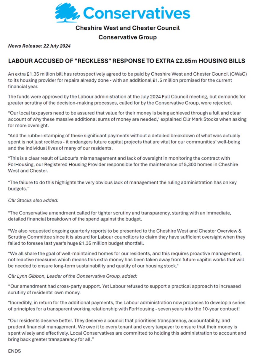 CWaCTory's tweet photo. Our role is to hold @cwaclabour to account, particularly when it comes to financial matters. That's why we criticised their 'reckless' response to an extra £2.85m awarded to meet housing bills, pushed through at the full Council meeting last Thursday. See our comments below. https://t.co/yNrdPgKTBe