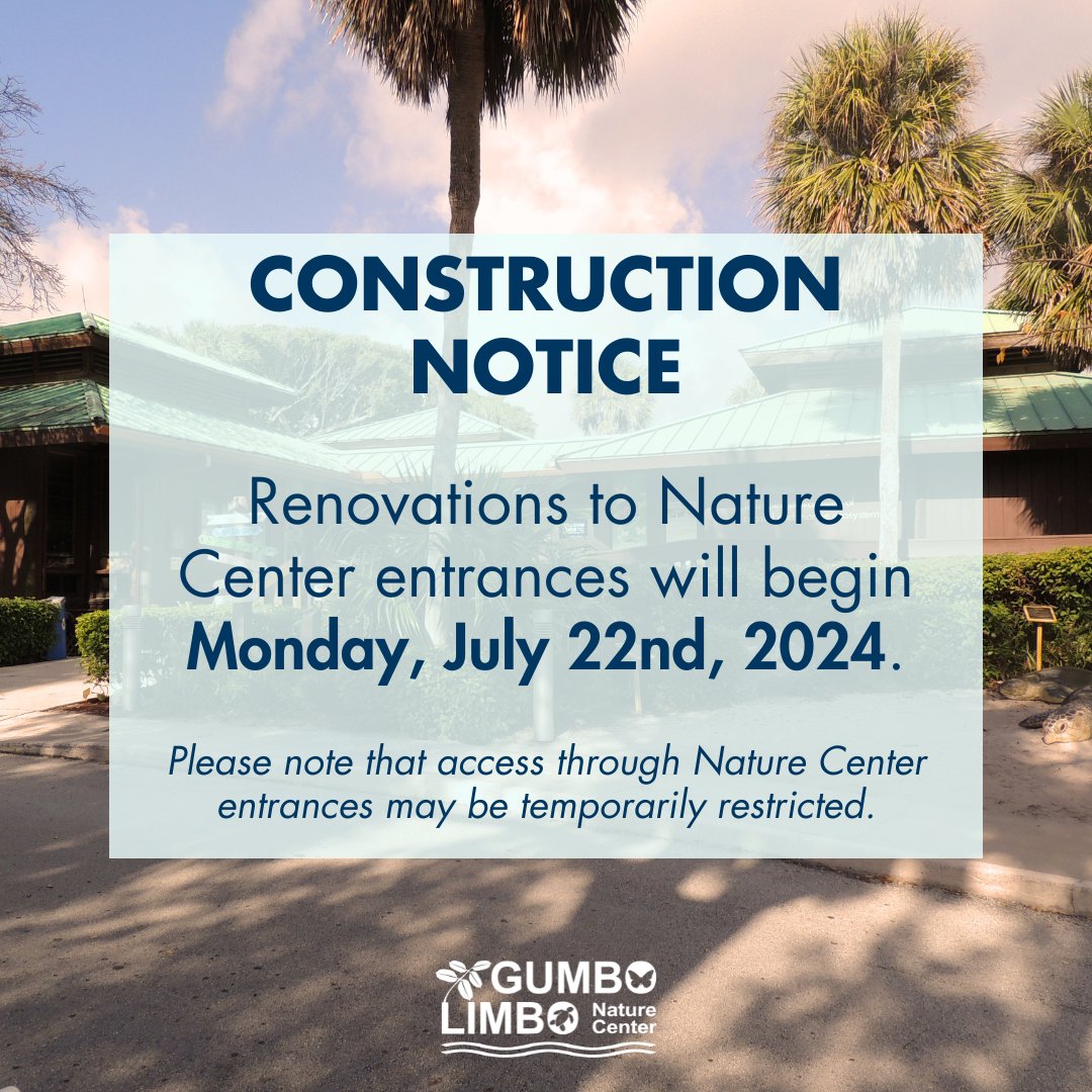 We’re working to enhance our accessibility features in our Nature Center! Renovations to Nature Center entrances have begun. Access to certain entrances and doors will be temporarily restricted. The Welcome Desk, Restrooms, and Gift Store will remain open.

#LoveGumboLimbo