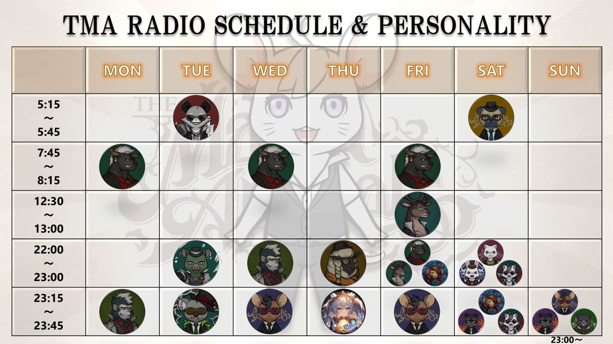 【TMA RADIO SCHEDULE &amp; PERSONALITY】
現在、
TMAで放送中の定期スペースの最新版📻

<a href="/hirokibi03/">ひろきび</a> さん、作成ありがとうございます🦁