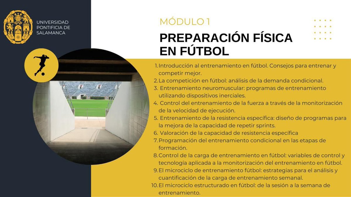 Esta semana haremos un repaso de nuestros diferentes módulos del curso 2024/2025

🏋🏻‍♂️ Módulo 1: Preparación física en fútbol 

❓¿Tienes alguna duda? 

📮 master.futbol@upsa.es