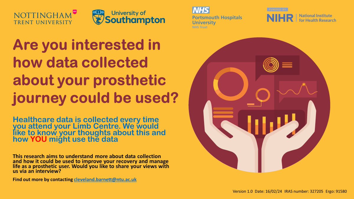Cleveland Barnett (@cleve_barnett) on Twitter photo Do you use a prosthetic limb and live in the UK? If so we'd love to hear your views on how NHS limb centres collect and use data about you!
DM me or email cleveland.barnett@ntu.ac.uk if you would be happy to take part in an online/phone interview 😀
Please share widely THANKS Do you use a prosthetic limb and live in the UK? If so we'd love to hear your views on how NHS limb centres collect and use data about you!
DM me or email cleveland.barnett@ntu.ac.uk if you would be happy to take part in an online/phone interview 😀
Please share widely THANKS
