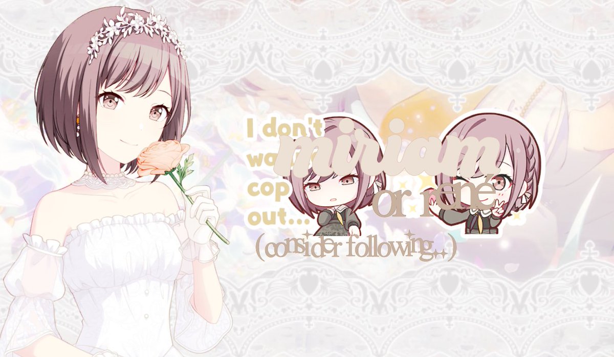 ㅤ #PROMOTWT 
ㅤㅤㅤ𝜗℘    ︵  mutual searching  #010   

ㅤㅤmiriam  🇸🇴🇺🇲 ㅤ〻ㅤshe they  fleur
ㅤㅤㅤminor ㅤ⟆ㅤrcbyf for more info
ㅤㅤ pjsk, kpop, bandori, ila, alnst milgram, d4dj, + more
ㅤㅤㅤㅤno dni  ,  ㅤㅤ↻ /  ♡ to be moots  .ᐟ