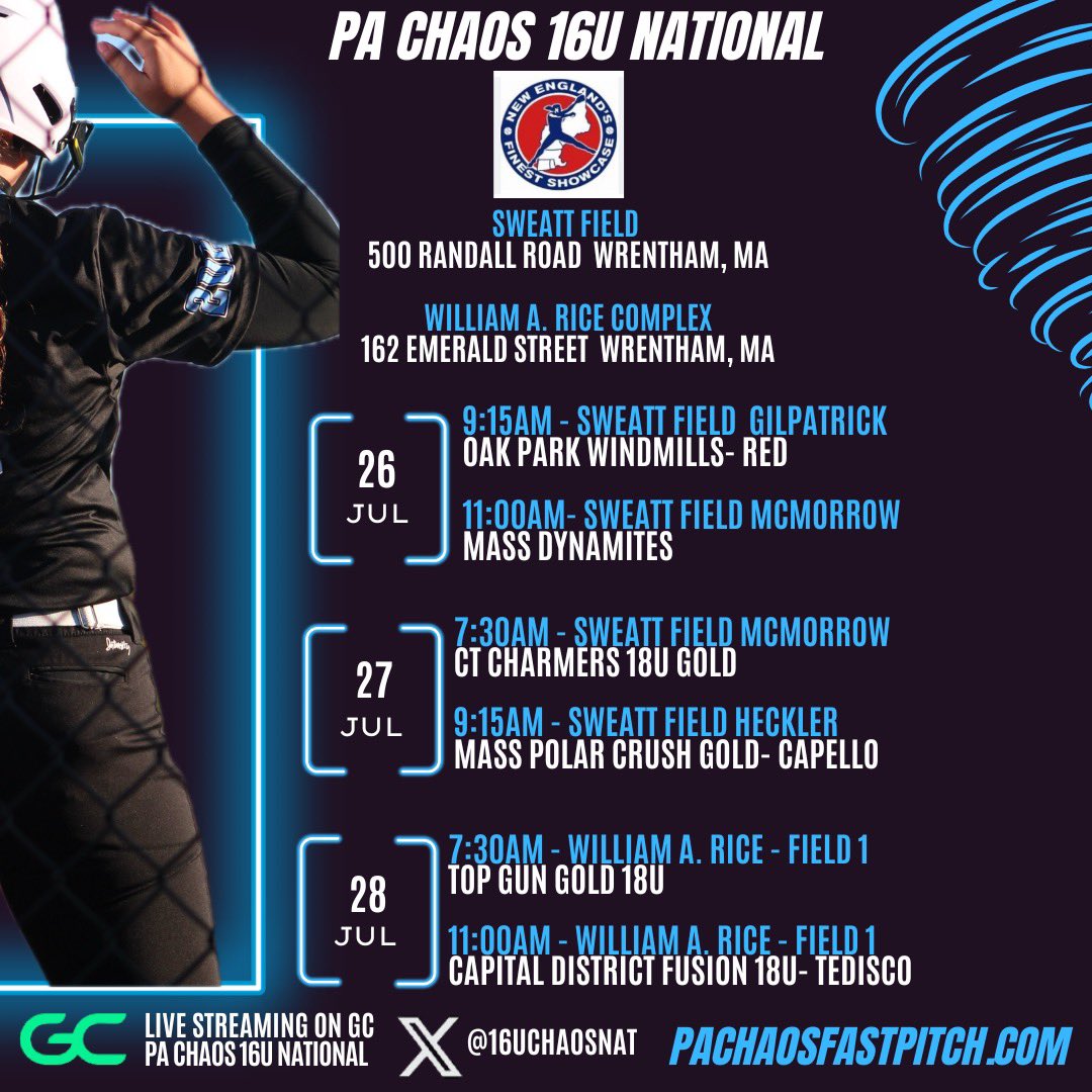 PA Chaos 16U National is headed to New England’s Finest. Come check out our talented rosters of 2025 and 2026 players. 🌪️💪