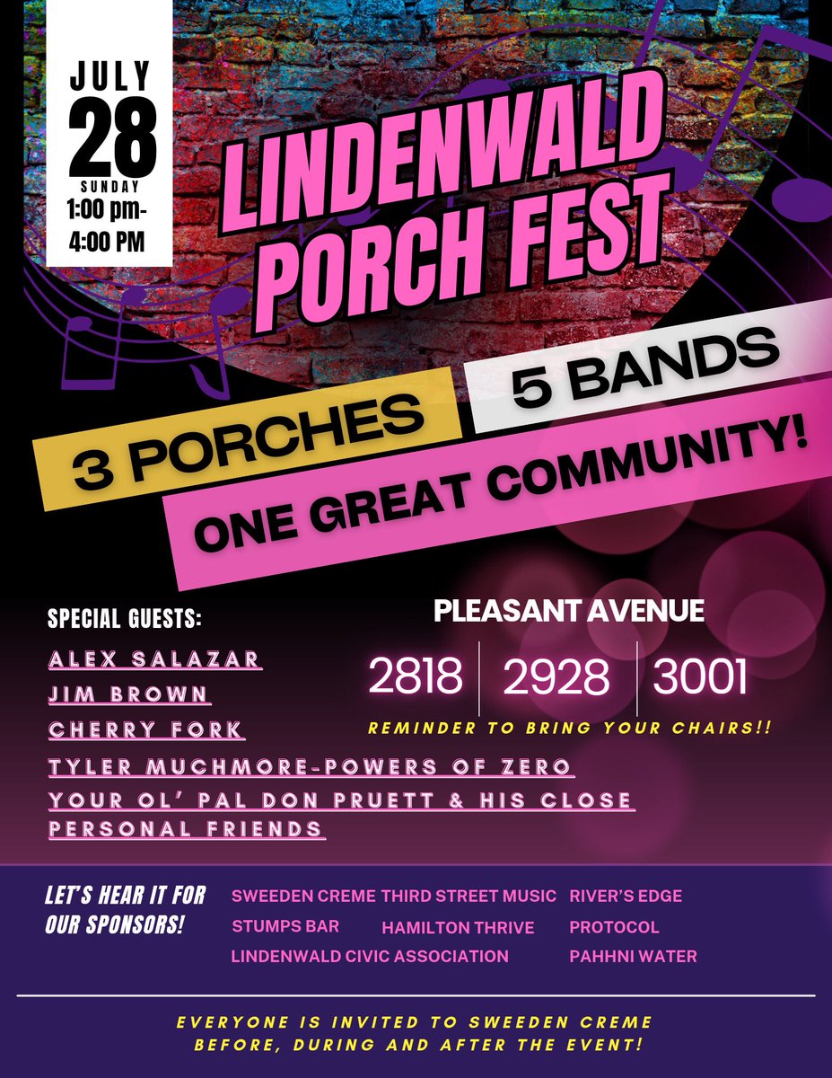 🚨 Lindenwald’s Porch Fest is this coming Sunday!