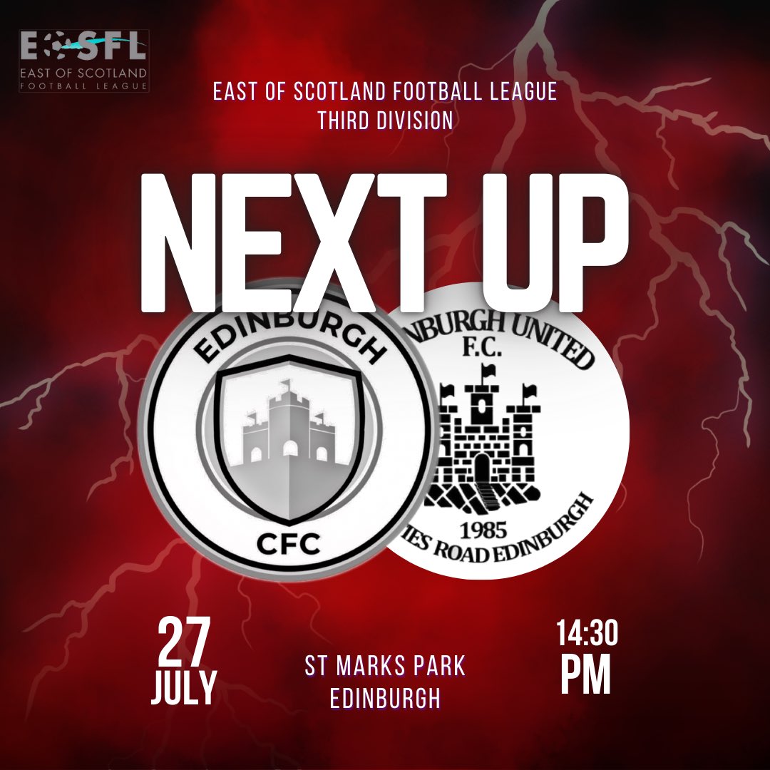 EdinburghCFC's tweet photo. Season opener 2024/25 👇

🆚 @edinburghunited 
🏆 @EastScotlandFA Third Division
🗓️ 27/07/2024
⌚️14:30
🎟️ £6/£4/U16 Free

Come along and get behind the lads for the Capital derby 🏴 https://t.co/4apEDMloRo