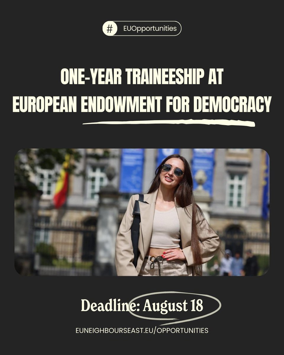 euneighbours's tweet image. 🇪🇺 The European Endowment for Democracy (EED) in 🇧🇪 Brussels is seeking a trainee for a 12-month Grant-Making Support traineeship (Eastern Partnership region) starting in autumn 2024.
Apply by 18 August ➡️ bit.ly/3Lvjhqm
#EUOpportunities