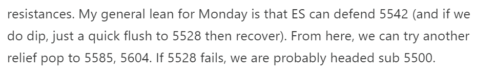 AdamMancini4's tweet photo. Very clean action today in #ES_F and +62 points from the 5542 Friday long. Plan today was simple; that we run to 5604. We dipped ~there. Protect gains now. If we can accept 5604, a local low may be in

No change. 5581, 5566-68=supports. They keep 5604,5617, 5630 live. Dip<66
