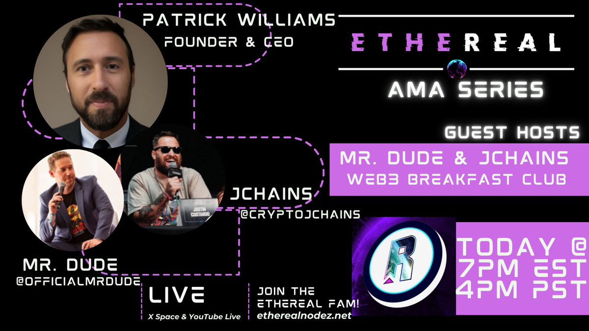 Join us TODAY for our very own X Spaces AMA with special guest hosts <a href="/OfficialMrDude/">Mr. Dude</a> &amp; @CryptoJChains!  Learn how you can become part of the Ethereal family as we prep for Launch Phase 2! 🚀 

🛎️set your reminder!
x.com/i/spaces/1mrGm…

⏰ July 22, ‘24: 4pm PST / 7pm EST

💎