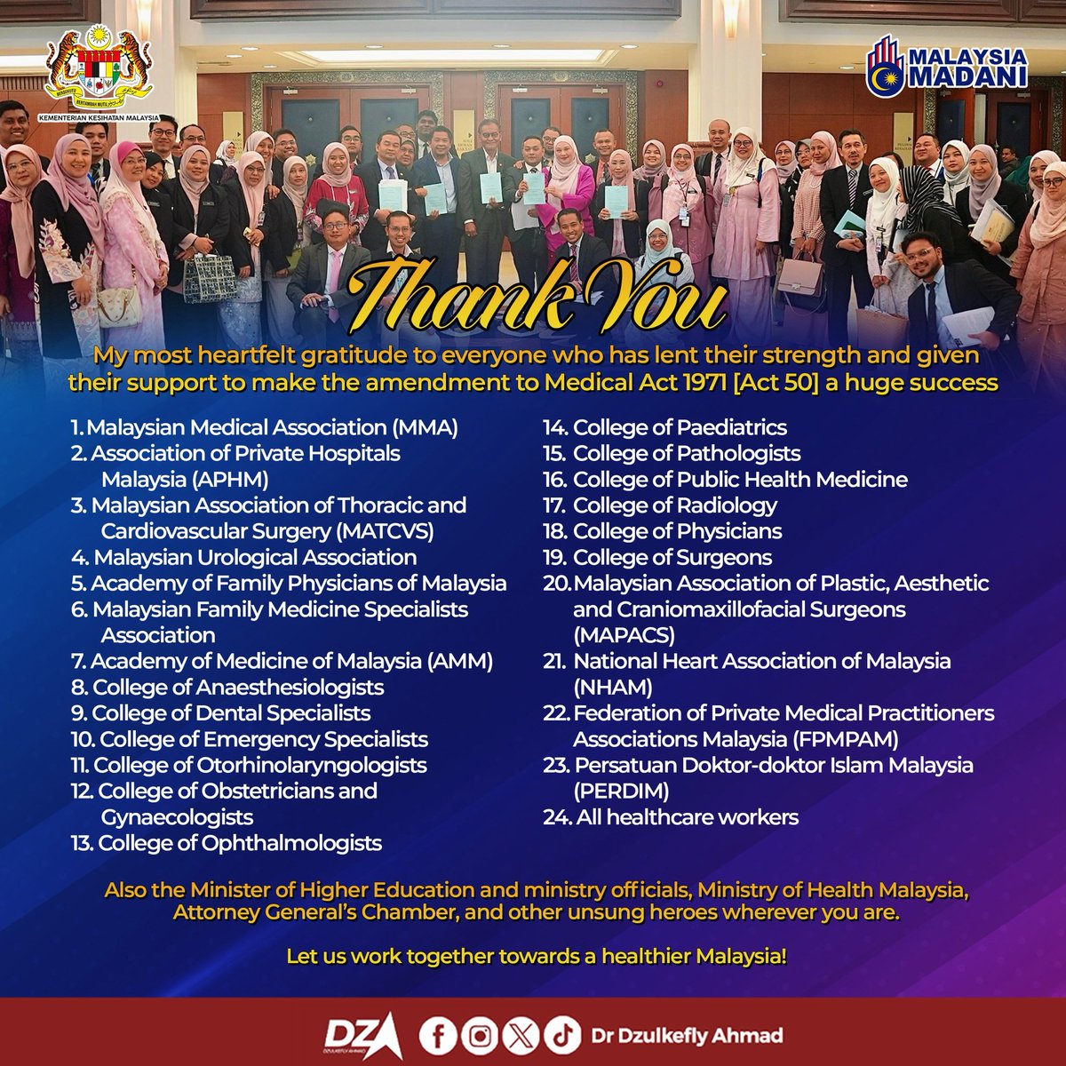 AlhamdulilLah, bertemu Dr <a href="/rafidah72/">Dr Rafidah Abdullah</a>  sejurus Pelancaran 'CRRC' di IJN pg tadi..

Merakam dedikasi 'A BIG THANK YOU' kpd 23 Badan2 NGO/Profesional Perubatan, yg tersenarai berikut, atas sokongan padu kpd KKM dlm RUU Perubatan (Pindaan), 2024 di Dewan Rakyat tempoh hari
🌹🇲🇾❤️