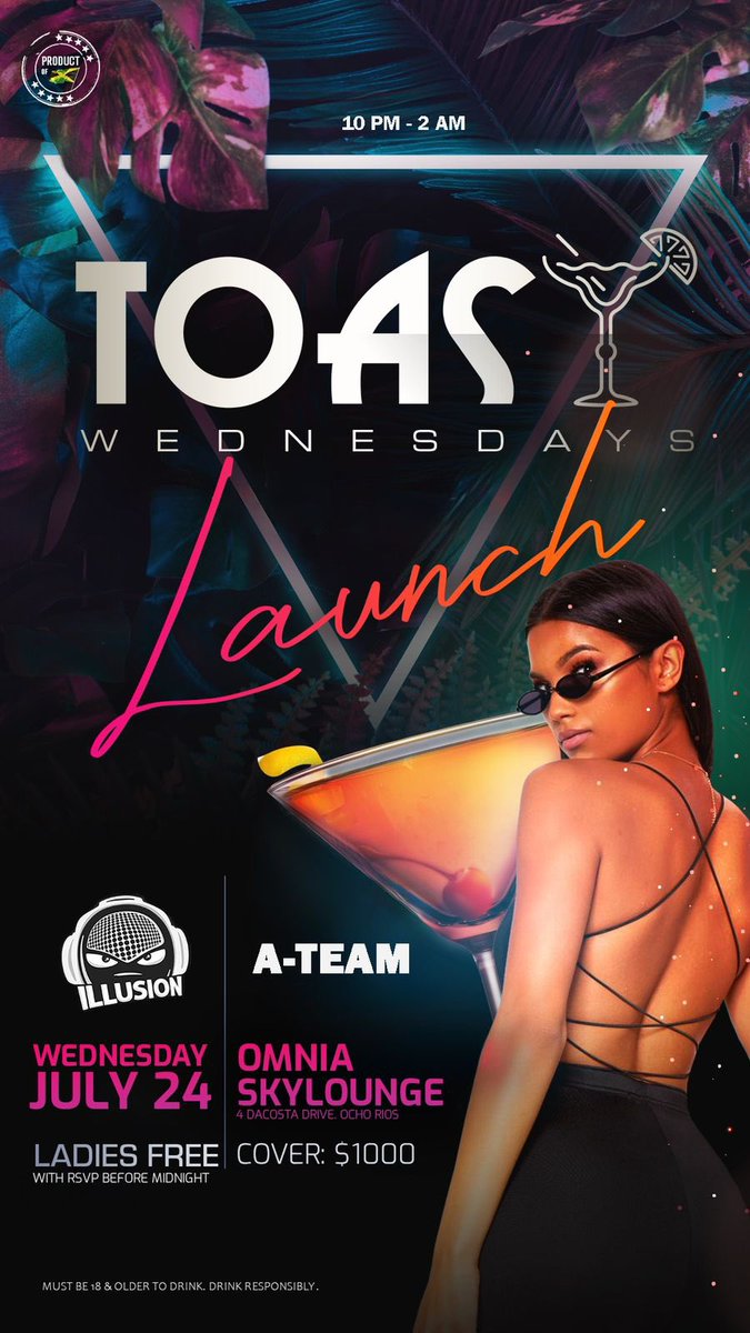 The hottest midweek event is back!
⚡️TOAST WEDNESDAYZ⚡️
Join us THIS WEDNESDAY at our new home Omnia Sky Lounge, Ocho Rios.