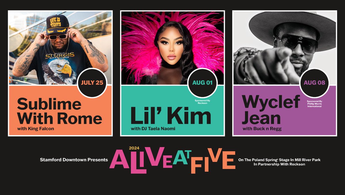 Excited for <a href="/LilKim/">Lil' Kim</a> at <a href="/StamfordDowntwn/">Stamford Downtown</a> #AliveAtFive on Aug 1st! Sponsored by <a href="/Reckson/">rekson gelo</a>, <a href="/PolandSpringWtr/">Poland Spring®</a>, @PhilipMorris, <a href="/MoheganSun/">Mohegan Sun ☀️</a>, <a href="/AlvariumBeer/">AlvariumBeer</a>, <a href="/AustinCocktails/">Austin Cocktails</a>, <a href="/Bacardi/">BACARDI</a>, <a href="/Cazadores/">Natita Armijos</a>, <a href="/KitNABrewing/">Liz Morris</a>, <a href="/OtherHalfNYC/">Other Half Brewing</a>, <a href="/SeaIsle/">Gerri Rescigno</a> @SpikedIcedTea, <a href="/velvetllama_/">velvetllama</a>