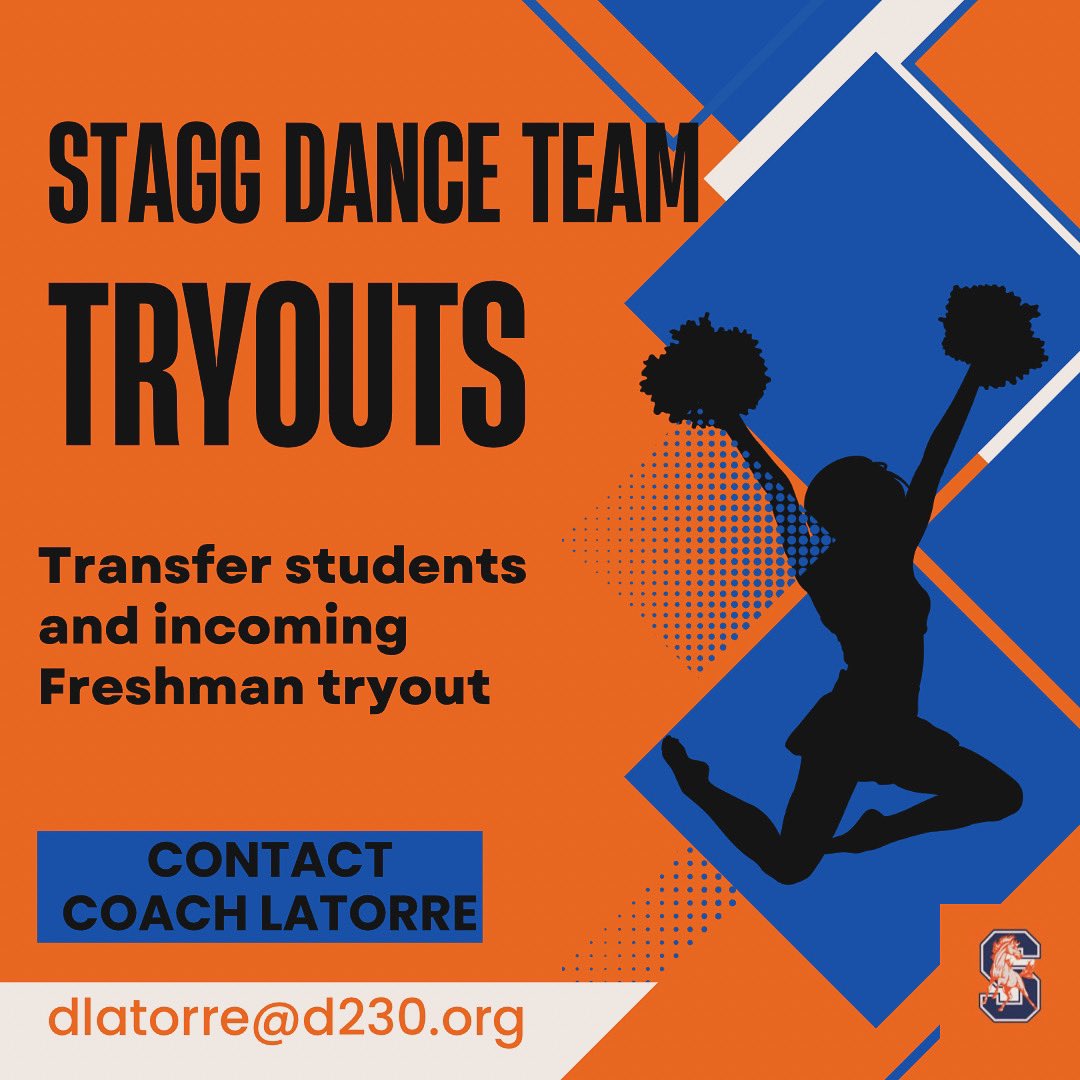 Attention transfer students and incoming freshmen… Contact Coach Latorre if you are interested in trying out for the Stagg Dance Team. dlatorre@d230.org 💙🧡
Go Chargers!
<a href="/StaggHighSchool/">Stagg High School</a> <a href="/StaggAthletics/">StaggAthletics</a>