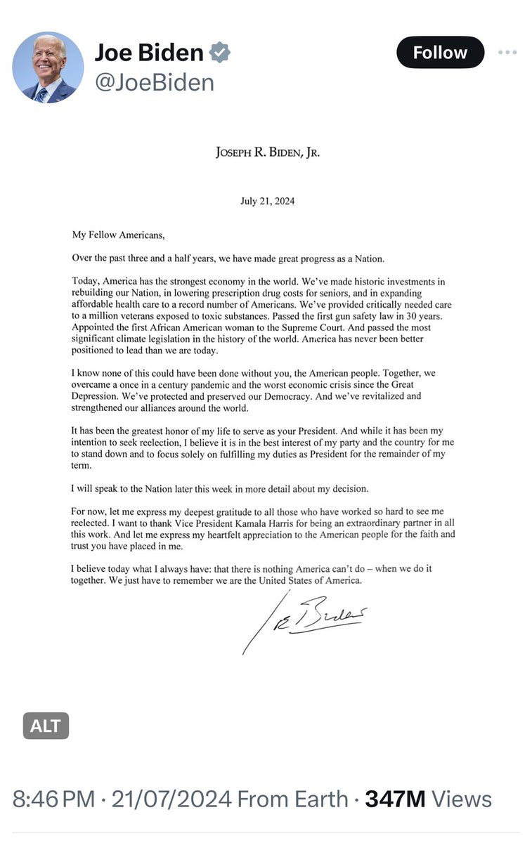 ⭕️حساب بايدن بين عشية وضحاها⭕️

حساب بايدن في ٢٠٢٤/٧/٢١ الساعة ٢:١٦ صباحاً👇:

"إنها معجزة أن ترمب قال الحقيقة وهي أن انتخابات ٢٠٢٤ هي أهم انتخابات في حياتنا" ثم أضاف:"وسوف أفوز بها"

بعد ٢٠ ساعة و ٣٠ دقيقة أي في ٢٠٢٤/٧/٢١ الساعة ٨:٤٦ مساءا👇،حساب بايدن ينشر بيان انسحابه

استنتج