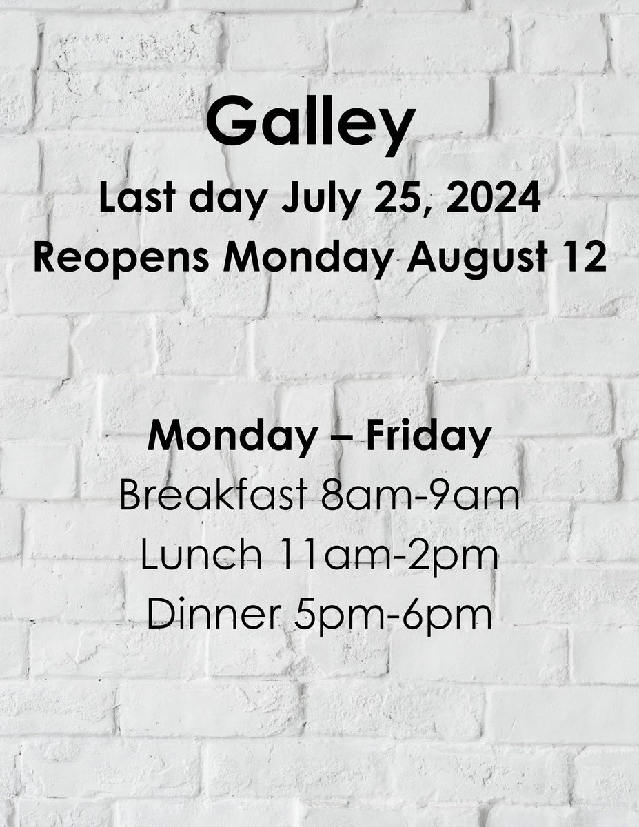 The Galley will be closing July 25th and reopening August 12th. Pontchartrain Hall Market, Subway, and PJ’s will continue to be open. #unodining #universityofneworleans