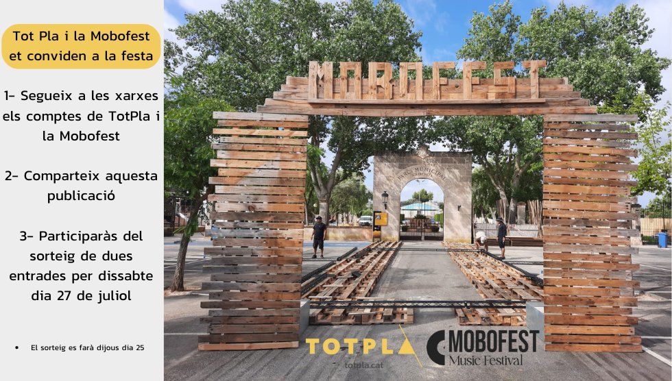 #MÚSICA\ Un any més <a href="/totplamallorca/">Tot Pla \ Diari digital</a> i la <a href="/mobofestOficial/">Mobofest Music Festival</a>  et volen convidar a la festa

🎤 Del 25 al 27 de juliol a #Porreres

👉 Segueix els dos comptes
👉 Comparteix aquesta publicació a les xarxes
👉 Participa en el sorteig de 2 entrades per aquest dissabte dia 27 de juliol