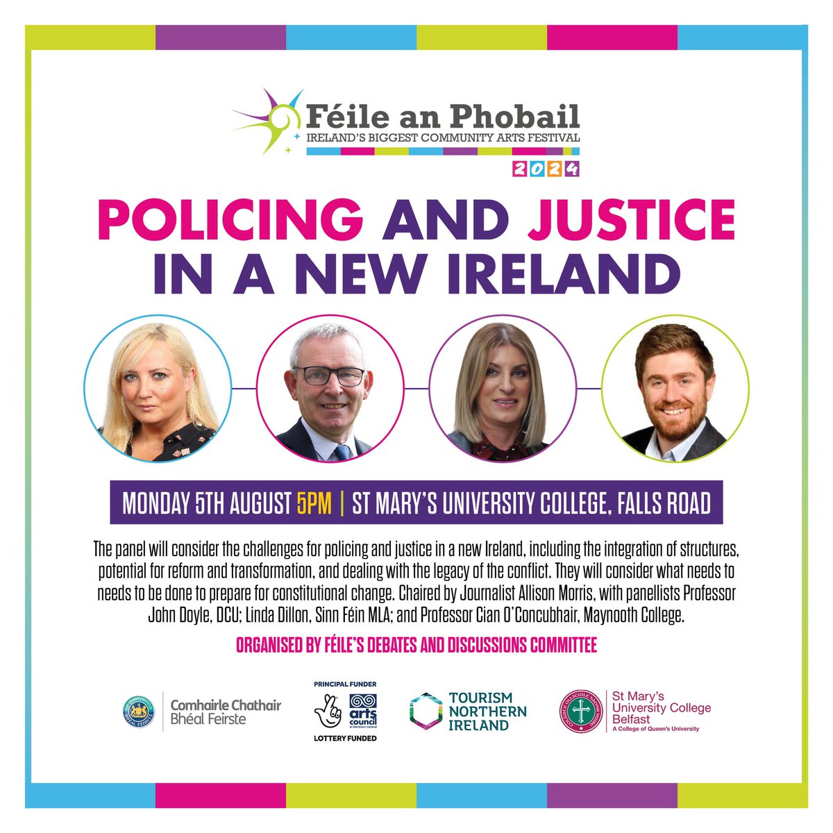 Policing &amp; Justice in a New Ireland

Panel includes:

🔸Journalist, Allison Morris
🔸Prof John Doyle, DCU
🔸Linda Dillon MLA
🔸Prof Cian O'Conchbhair, Maynooth College

Monday 5th August, 5pm
St Mary's University College

Free Event | No Booking Required

<a href="/AllisonMorris1/">Allison Morris</a>