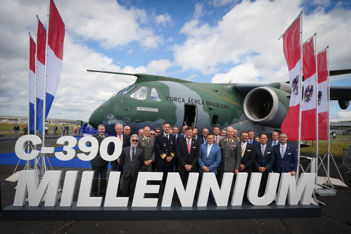 embraer's tweet photo. #NOTÍCIA | Holanda e Áustria firmam contrato com a Embraer para aquisição de nove aeronaves multimissão #C390 #Millennium. Leia notícia completa: https://t.co/6iQGcmADlu  #EmbraerStories #FIA2024 #EmbraerAtFIA2024 @FIAFarnborough https://t.co/lCRPUEgTsq