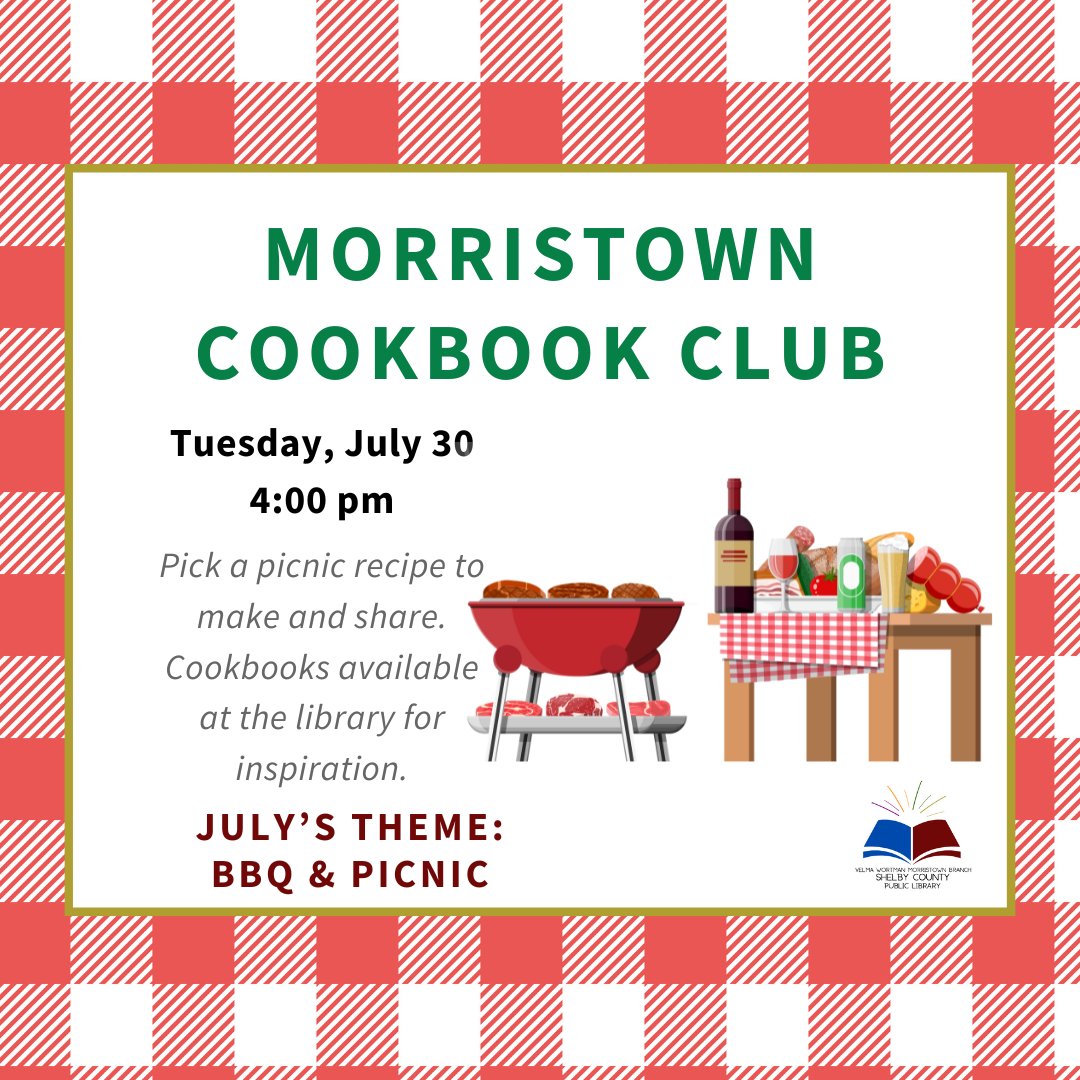 myshelbylibrary's tweet photo. Try out our tastiest book club! We've got cookbooks for inspiration available for checkout. Try a recipe this month's theme, then bring the dish to share and taste other inspired creations! This month's theme is "BBQ Picnic!" #library #books #cookbooks #BBQ #picnic #cookbookclub https://t.co/EBj4KZVYSb