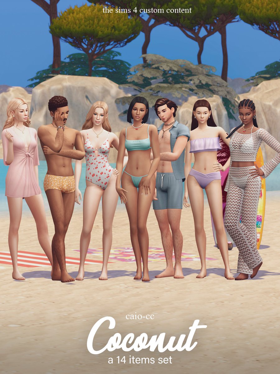 Caiocc8's tweet photo. Coconut: A 14 items set Enjoy the beaches and pools with the new swimwear collection for men and women, 14 pieces for your Sims to wear and dive into this summer. https://t.co/u49baZU9wR