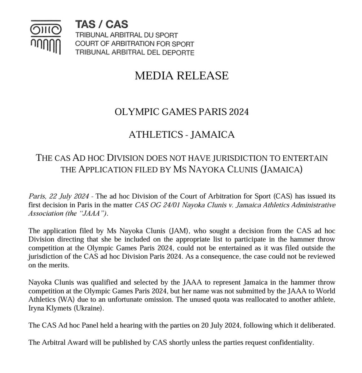 waydebrown_'s tweet photo. National women's hammer throw champion &amp; record holder Nayoka Clunis will not compete at the 2024 Paris Olympics after a decision by the Court of Arbitration for Sport (CAS) AD Hoc Division. https://t.co/zWHu7XaHvt