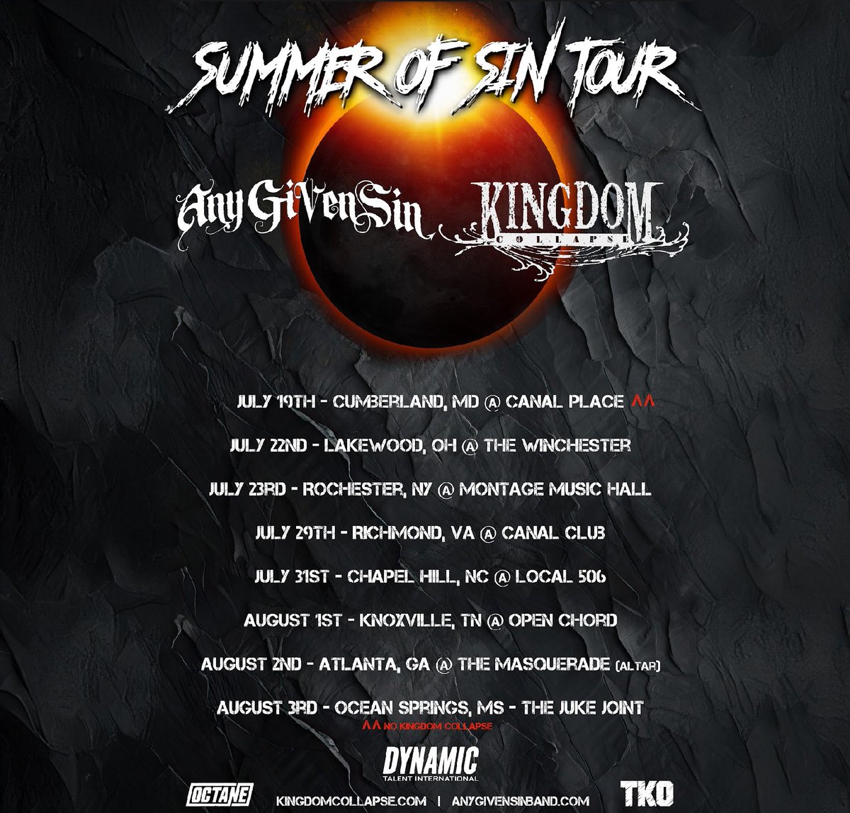 Tonight the “Summer of Sin Tour” 
kicks off at The Winchester Music Tavern in Lakewood, OH with our friends Kingdom Collapse
Doors at 6:00 PM 

#AnyGivenSin #KingdomCollapse #Summer #Of #Sin #Tour #Tonight
