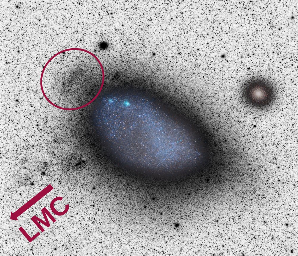 Paper day! arxiv.org/pdf/2407.13876 We find that the "shell" of young stars in the northeastern SMC formed due to ram pressure stripping as the SMC travelled through 1. the LMC's bowshock and 2. the Milky Way's circumgalactic medium (edited image from @astro_delgad 2019) (1/7)