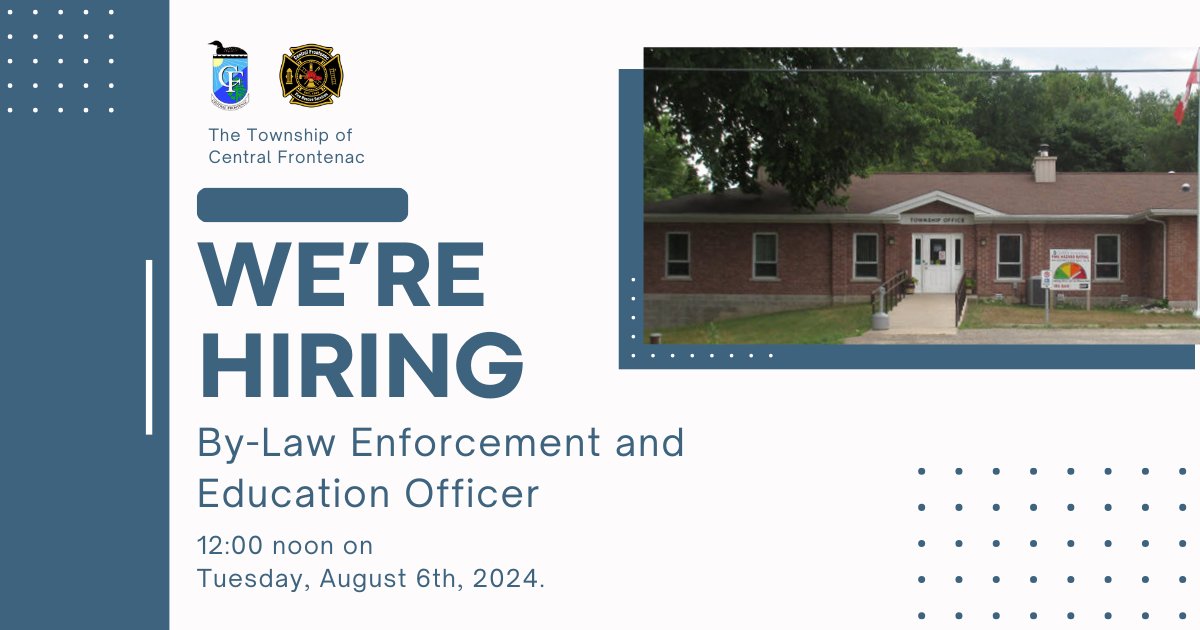 Employment Opportunity!
The municipality is seeking team players with initiative and positive attitudes to join our municipal team as a Bylaw Enforcement and Education Officer.
View the full job description:
centralfrontenac.com/employment/