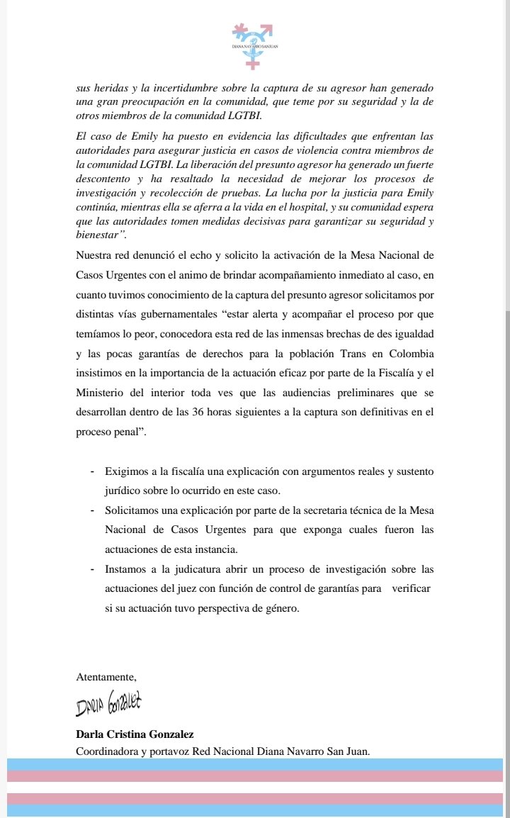 #Insolito Se conoció que el presunto agresor de una mujer trans en Garzón Huila se entregó a las autoridades y fue dejado en libertad, <a href="/FiscaliaCol/">Fiscalía Colombia</a> debe responder sobre lo ocurrido <a href="/PGN_COL/">Procuraduría General de la Nación</a>, este país no ofrece garantías para las personas Trans. 
#Justicia #NiUnaMas 🧵