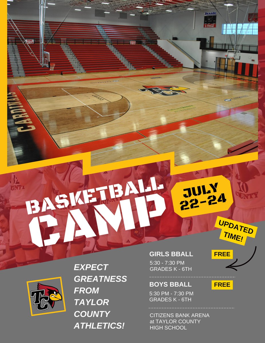 TC_Schools_KY's tweet photo. ππππππππ: The Youth Basketball Camp for BOYS and GIRLS starts TONIGHT from 5:30 PM-7:30 PM in Citizens Bank Arena at TCHS.
The camp is open to incoming kindergarten through 6th-grade students & is FREE!
#tcpride #gocards #ladycards #tcmade https://t.co/NaS0r44kpL