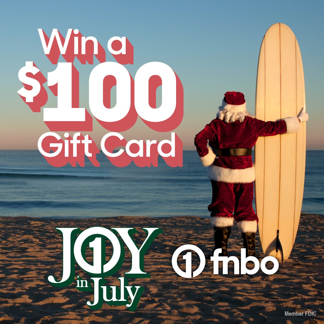fnbo's tweet photo. 🎅 Dive into the holiday spirit early this year with our final Joy in July giveaway! For a chance to win a $100 Visa gift card to help with holiday expenses, follow @fnbo on Facebook & Instagram! #joyinjuly #christmasinjuly #holidaysavings https://t.co/b7IfMxi4M6