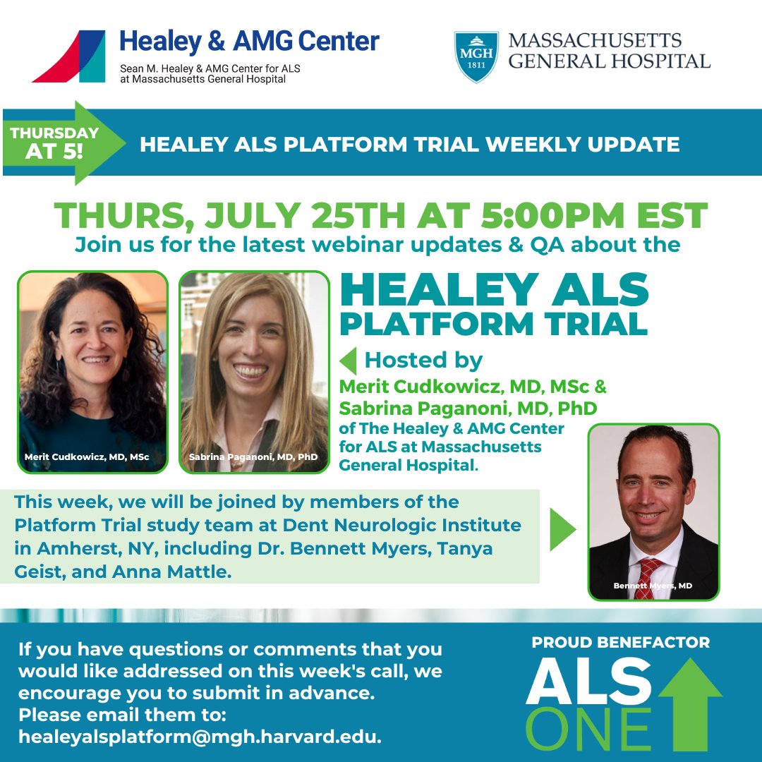 alsone_official's tweet image. This Thurs, 7/25 at 5p EST: join the wkly Healey #ALSPlatformTrial update webinar w/hosts @MeritCudkowicz &amp;amp; @PaganoniMDPhD who'll be joined by members of Dent Neuro Inst. Reg is free at: bit.ly/3KKsme2 
#ALS #PlatformTrial #HealeyHope #ALSONE #Unity