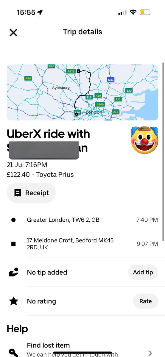Mr_ChrisBill's tweet photo. @Uber I was originally quoted £80 for this trip but driver decided to take A1M instead of M1. Citing average speed camera. Added so many more miles to the journey for no reason. Absolutely awful!! Please advise https://t.co/x6070MdVlm