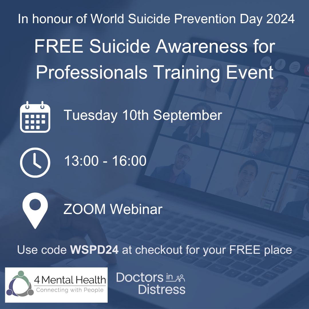 DoctorsDistress's tweet image. Together with @4_MentalHealth_, we are offering 100 free places on a ‘Suicide Awareness’ training session for health professionals to mark #WorldSuicidePreventionDay this year.

There are still plenty of places left on the three-hour online workshop, which takes place on 10…