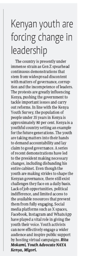 NAYAKenya's tweet photo. @MokamiRita today in the @NationAfrica and @StandardKenya newspapers makes a strong call to the young people to make good use of social media, given the possibilities it has shown to be capable of by the young people of Kenya.
Have a read🤗
#NAYAVoices
#NAYAat20 https://t.co/eZnM7DCyC5