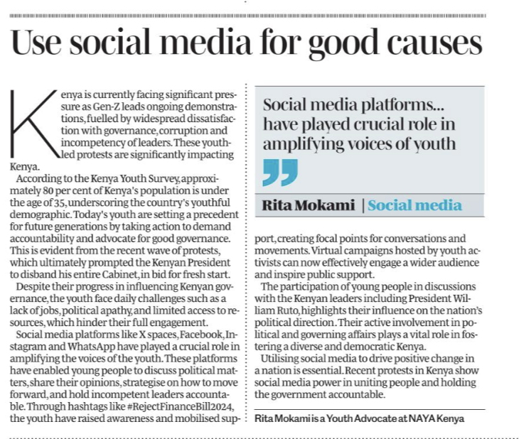 NAYAKenya's tweet photo. @MokamiRita today in the @NationAfrica and @StandardKenya newspapers makes a strong call to the young people to make good use of social media, given the possibilities it has shown to be capable of by the young people of Kenya.
Have a read🤗
#NAYAVoices
#NAYAat20 https://t.co/eZnM7DCyC5