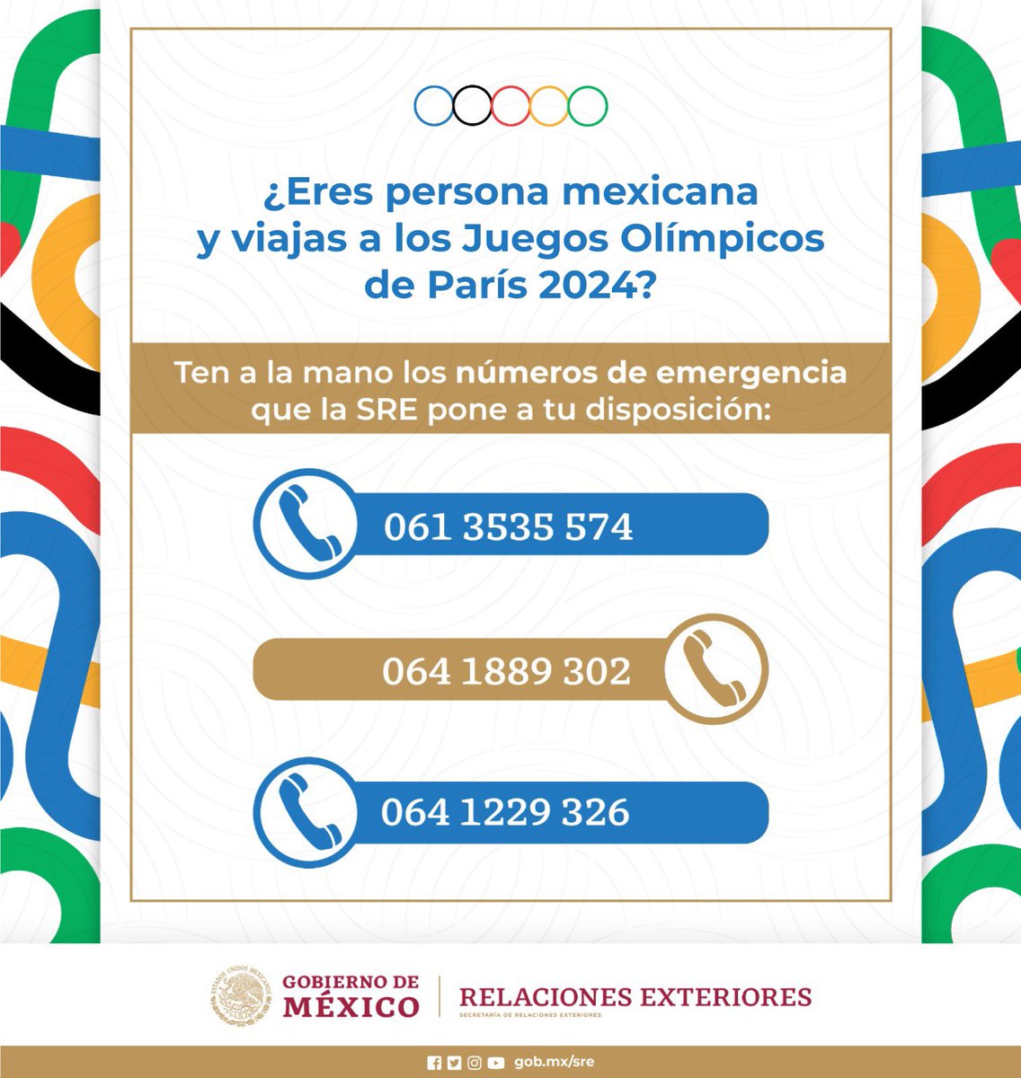 📌¿Asistirás a los #JuegosOlímpicos de #Paris2024 para apoyar a México🇲🇽? Consulta la #GuíaDeViaje para mayor información sobre las #Olimpiadas en Francia y contar con un viaje seguro y responsable.

🔗 gob.mx/sre/documentos…

☎️ ¡Ten a la mano los siguientes números telefónicos