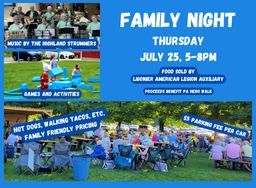 Join us at the museum for FAMILY NIGHT THIS THURSDAY, JULY 25, 5-8pm! There will be live music by the Highland Strummers, family friendly food options through the Ligonier American Legion Auxiliary, and games and activities for the kids to enjoy! #LincolnHighway #FamilyNight