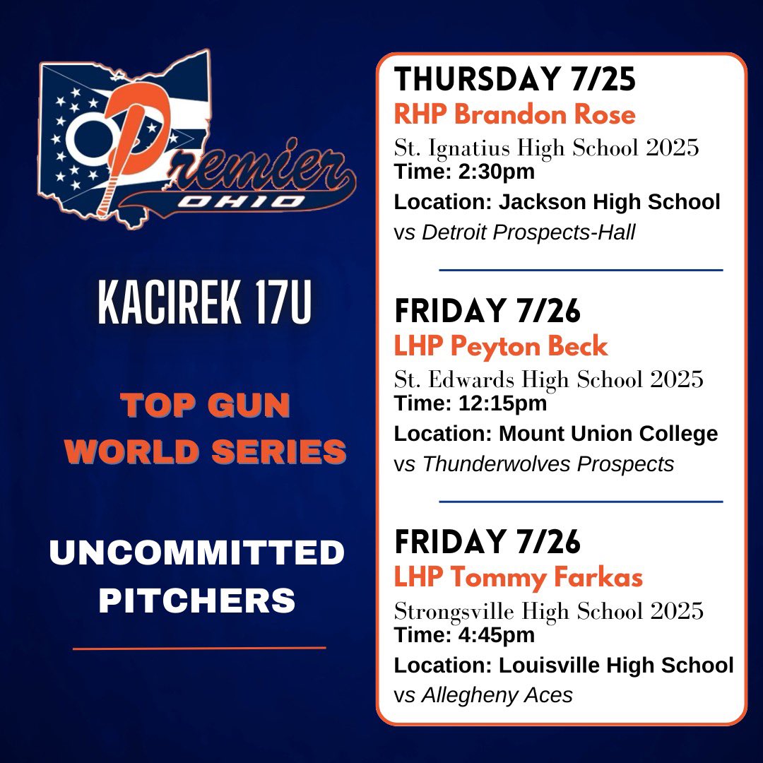 Premier OH Kacirek 2029 (Scott Kacirek-Head Coach) (@skacirek) on Twitter photo Here is our schedule and starting pitchers for pool play of the Top Gun World Series, 7/25-7/28.
<a href="/965MCTourneys/">Midwest Challenge</a> <a href="/PrepBaseOHScout/">Prep Baseball Ohio Scouting Coverage</a> <a href="/premierath/">Premier Ohio Baseball</a> <a href="/KTrewyn/">Kyle Trewyn</a> <a href="/jeremyhileman/">Jeremy Hileman</a> <a href="/Trevcharp/">Trevor Charpie</a> <a href="/Cam_Witt5/">Cameron Witt</a> <a href="/BradyWard25/">Brady Ward</a> <a href="/CWoj18/">Chris Wojick</a> <a href="/CoachWilkins11/">Joe Wilkins</a> <a href="/CoachAHilt/">Aaron Hilt</a> <a href="/CoachBertolini/">Coach Bertolini</a> <a href="/BeermanTrevor/">Trevor Beerman</a> Here is our schedule and starting pitchers for pool play of the Top Gun World Series, 7/25-7/28.
<a href="/965MCTourneys/">Midwest Challenge</a> <a href="/PrepBaseOHScout/">Prep Baseball Ohio Scouting Coverage</a> <a href="/premierath/">Premier Ohio Baseball</a> <a href="/KTrewyn/">Kyle Trewyn</a> <a href="/jeremyhileman/">Jeremy Hileman</a> <a href="/Trevcharp/">Trevor Charpie</a> <a href="/Cam_Witt5/">Cameron Witt</a> <a href="/BradyWard25/">Brady Ward</a> <a href="/CWoj18/">Chris Wojick</a> <a href="/CoachWilkins11/">Joe Wilkins</a> <a href="/CoachAHilt/">Aaron Hilt</a> <a href="/CoachBertolini/">Coach Bertolini</a> <a href="/BeermanTrevor/">Trevor Beerman</a>