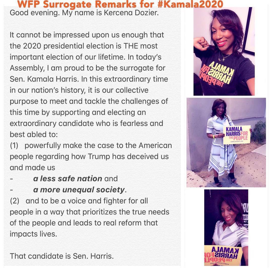 KercenaDozier's tweet photo. I was the surrogate for #KamalaHarrisForThePeople. I had four minutes to make the case for why she deserved our support and endorsement. These are my full remarks that I gave for why #KamalaHarrisForThePeople deserved #WeThePeople’s endorsement; #WFPassembly #WFP2020 https://t.co/ZNTyUc5TAd