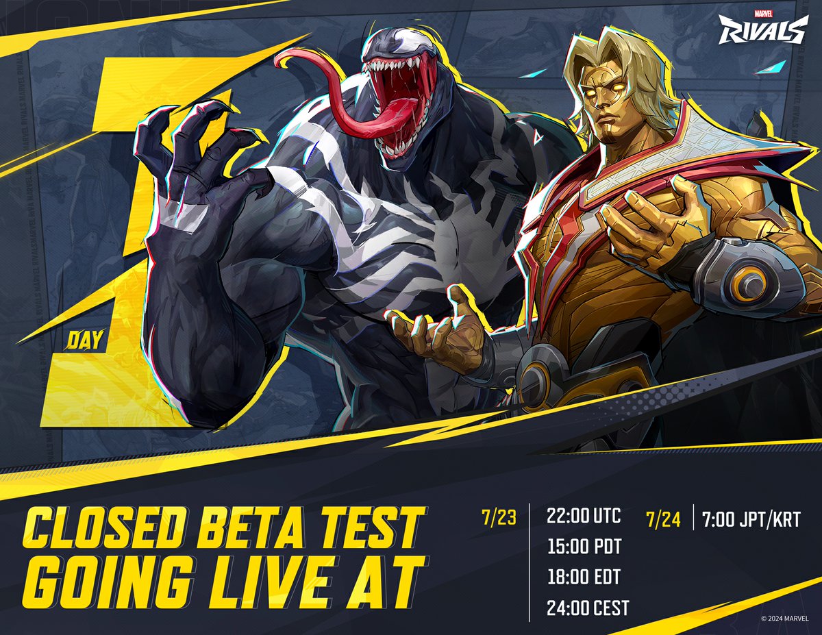 MarvelRivals's tweet photo. 💪 Tomorrow’s the day! Don’t miss the chance to battle alongside your favorite heroes!

📢Steam Playtest sign-ups will close on July 23rd at 21:30 UTC, so take your chance before time runs out: https://t.co/1NrTjNOwhY

📝Closed Beta Test will start July 23rd at 22:00 UTC (3:00 PM PDT, 6:00 PM EDT, July 24th at 7:00 JST/KST). Get ready for action!

During the Closed Beta Test, join in-game events and tune in to our Twitch Drops for more chances to win access keys for you and your friends!

#MarvelRivals #MarvelGames #Marvel