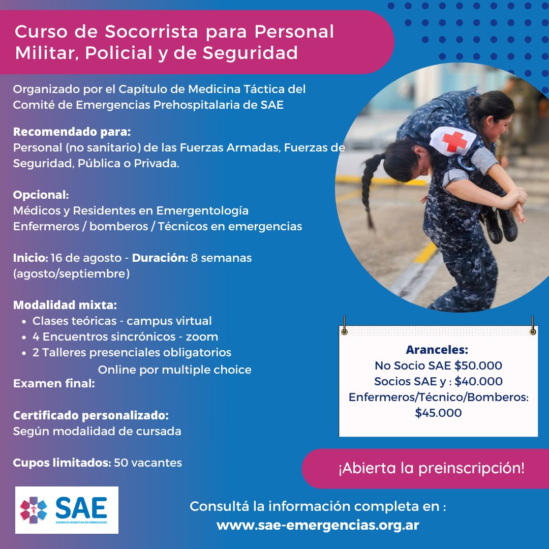 Les recordamos que continúa abierta la inscripción al Curso de Socorrista para Personal Militar, Policial y de Seguridad.

Informes e inscripciones: bit.ly/3WiodoM

¡Los esperamos!