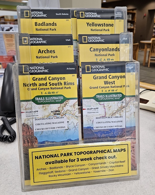 We are now circulating topographic maps of select <a href="/NatlParkService/">National Park Service</a> parks. We're currently treating them like magazines in that they're not individually cataloged, but you can check them out for three weeks at a time.