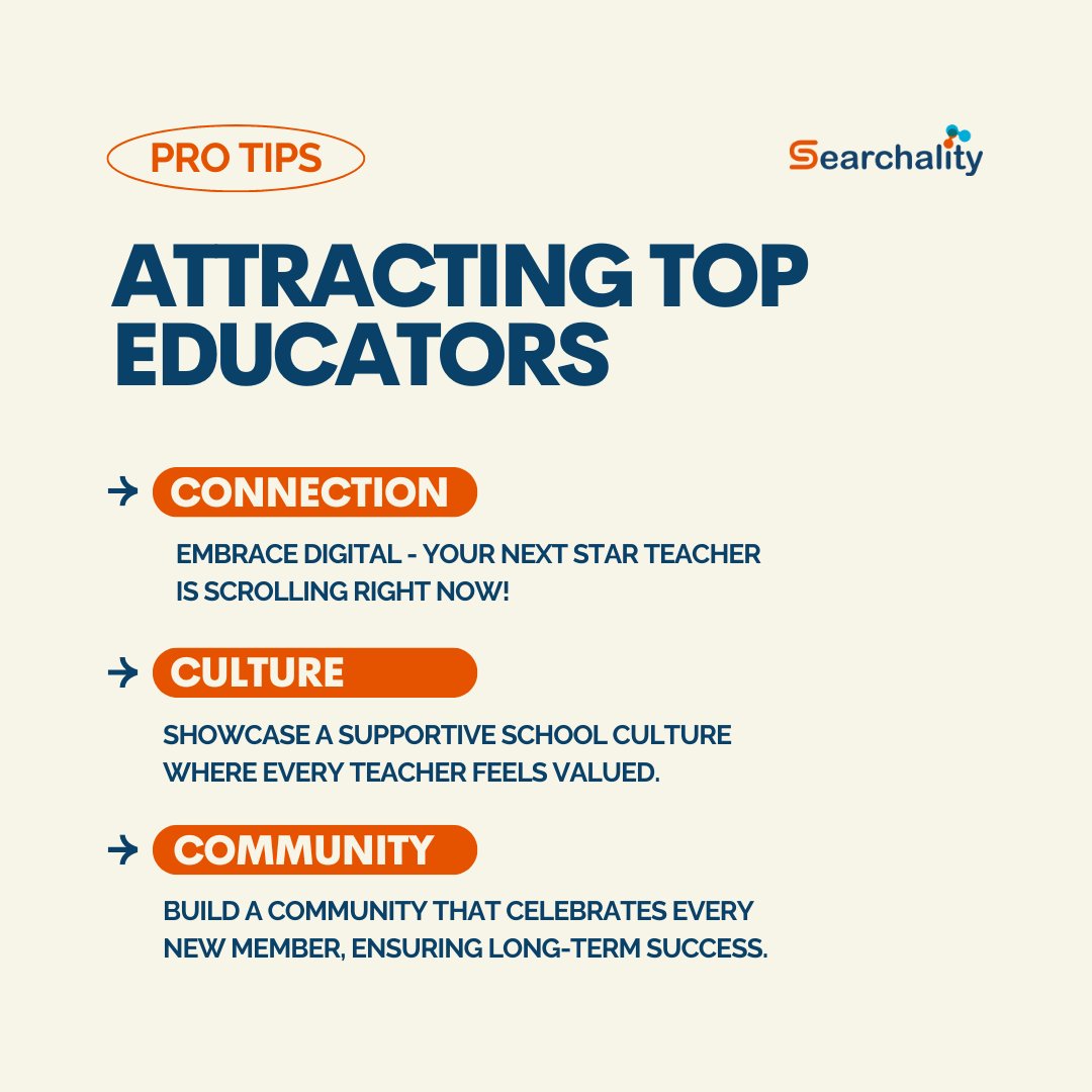 Searchality's tweet photo. 🌟Ready to level up your recruitment game?

We've cracked the code on attracting top educators. It's all about CONNECTION, CULTURE, and COMMUNITY. 📚✨
Check out our latest blog article for a step-by-step guide. https://t.co/soCiIKuDT0

#EducationLeaders #TeacherRecruitment https://t.co/wR0jIDjxsm